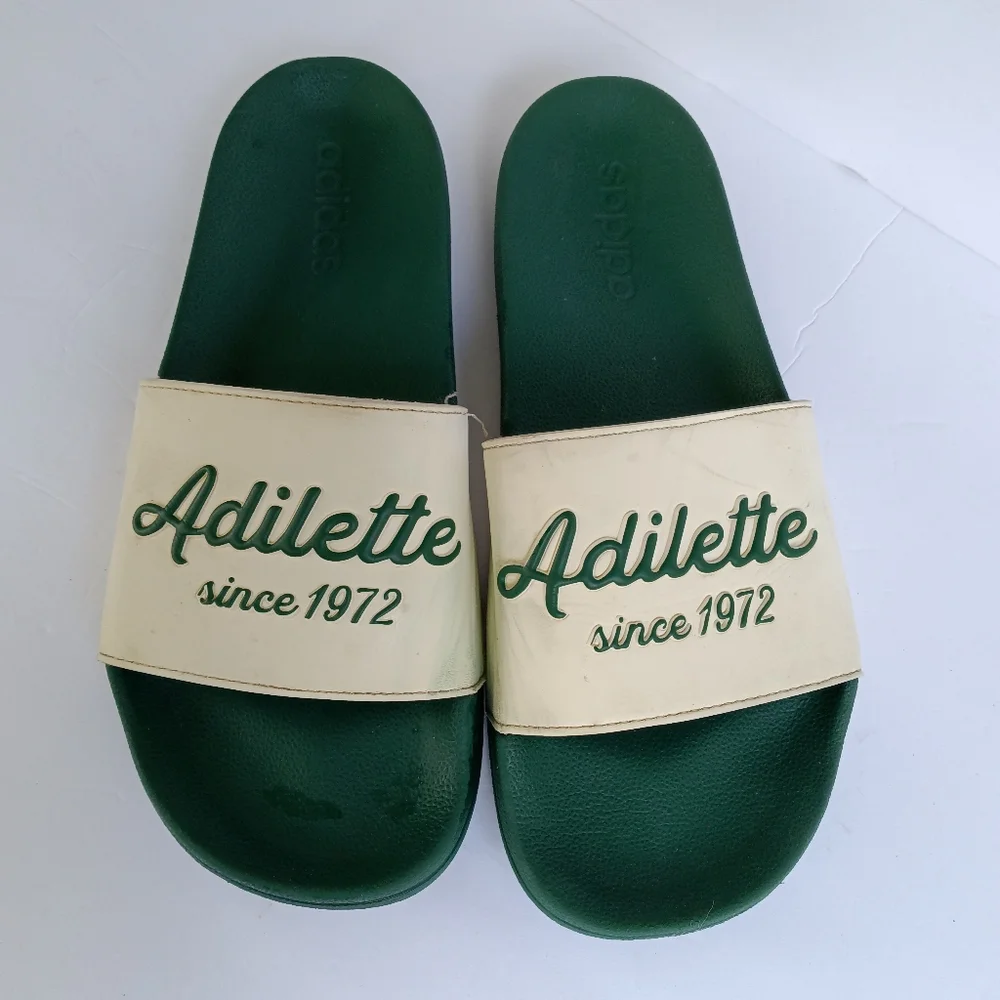 Adidas Adilette Mens Green & White Cloudfoam Shower Soccer Slides Size 11